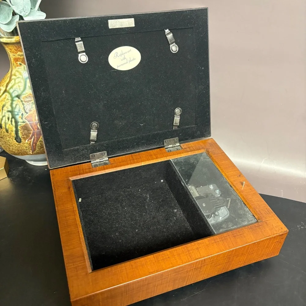 Vintage Wooden Photo Frame Music Box Keepsake Jewelry Box | Working Wind-Up |